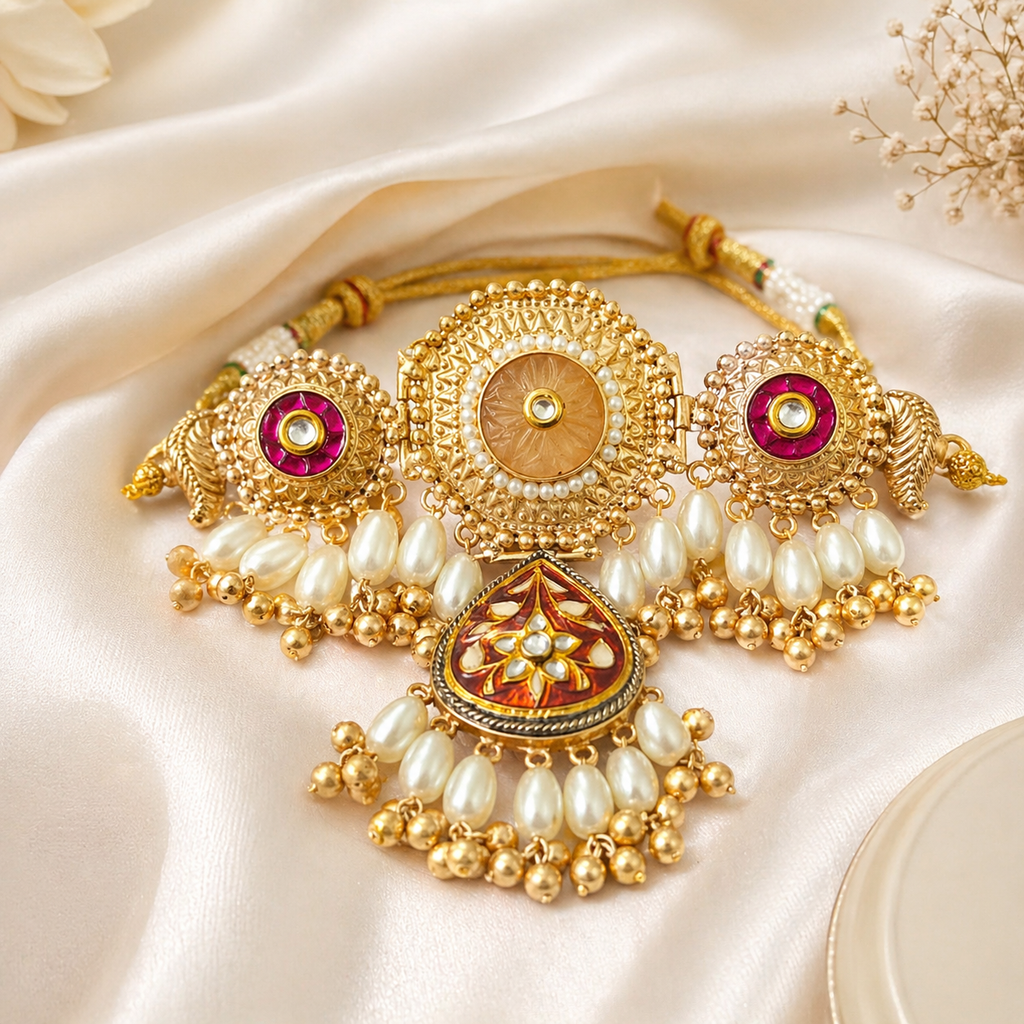 Gold Red Pearl Traditional Choker Necklace