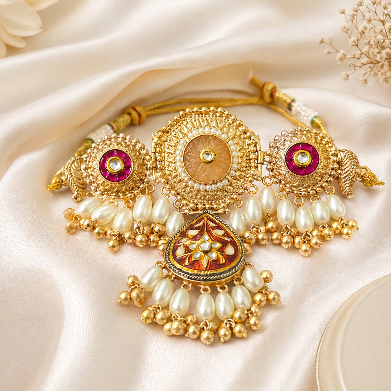 Gold Red Pearl Traditional Choker Necklace