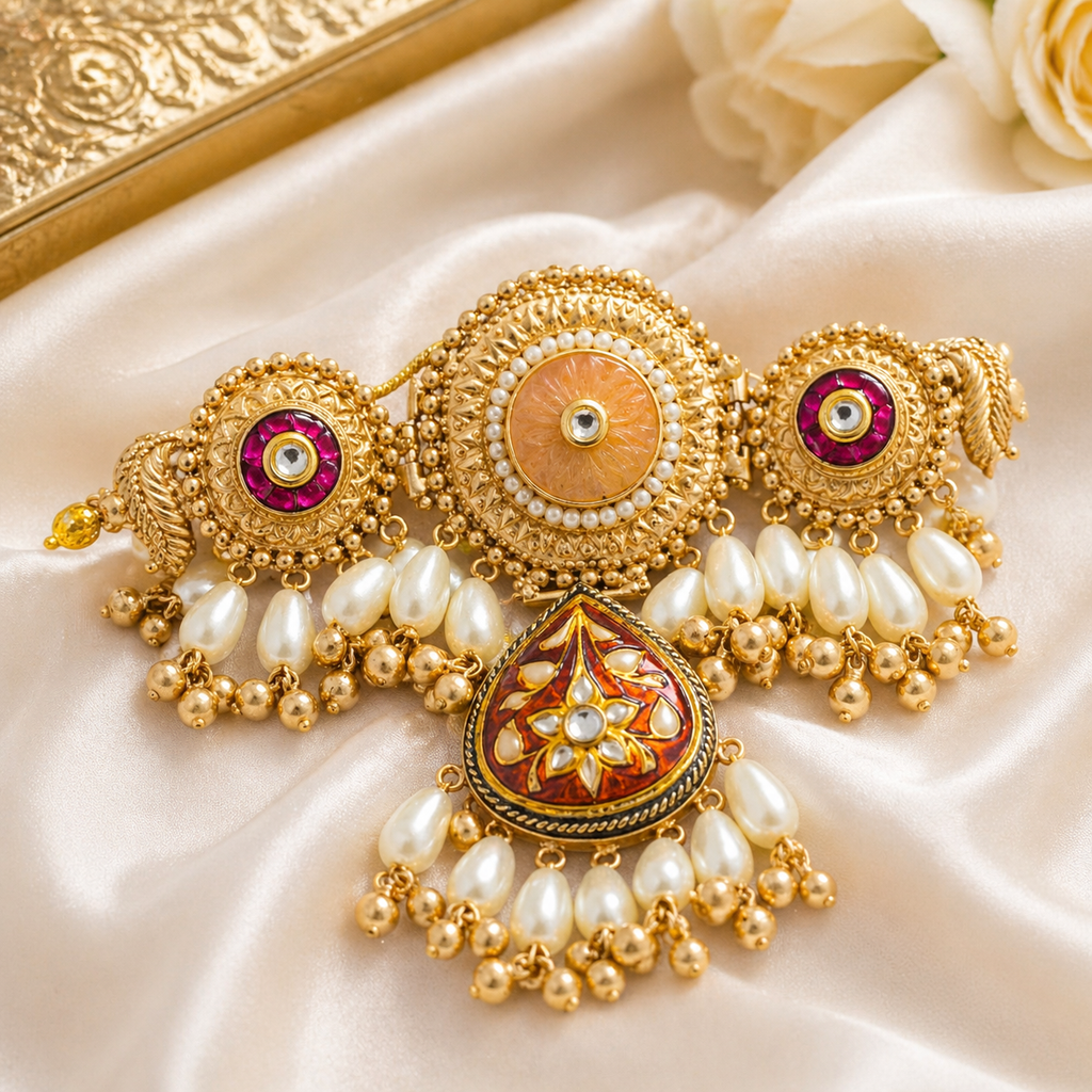 Gold Red Pearl Traditional Choker Necklace