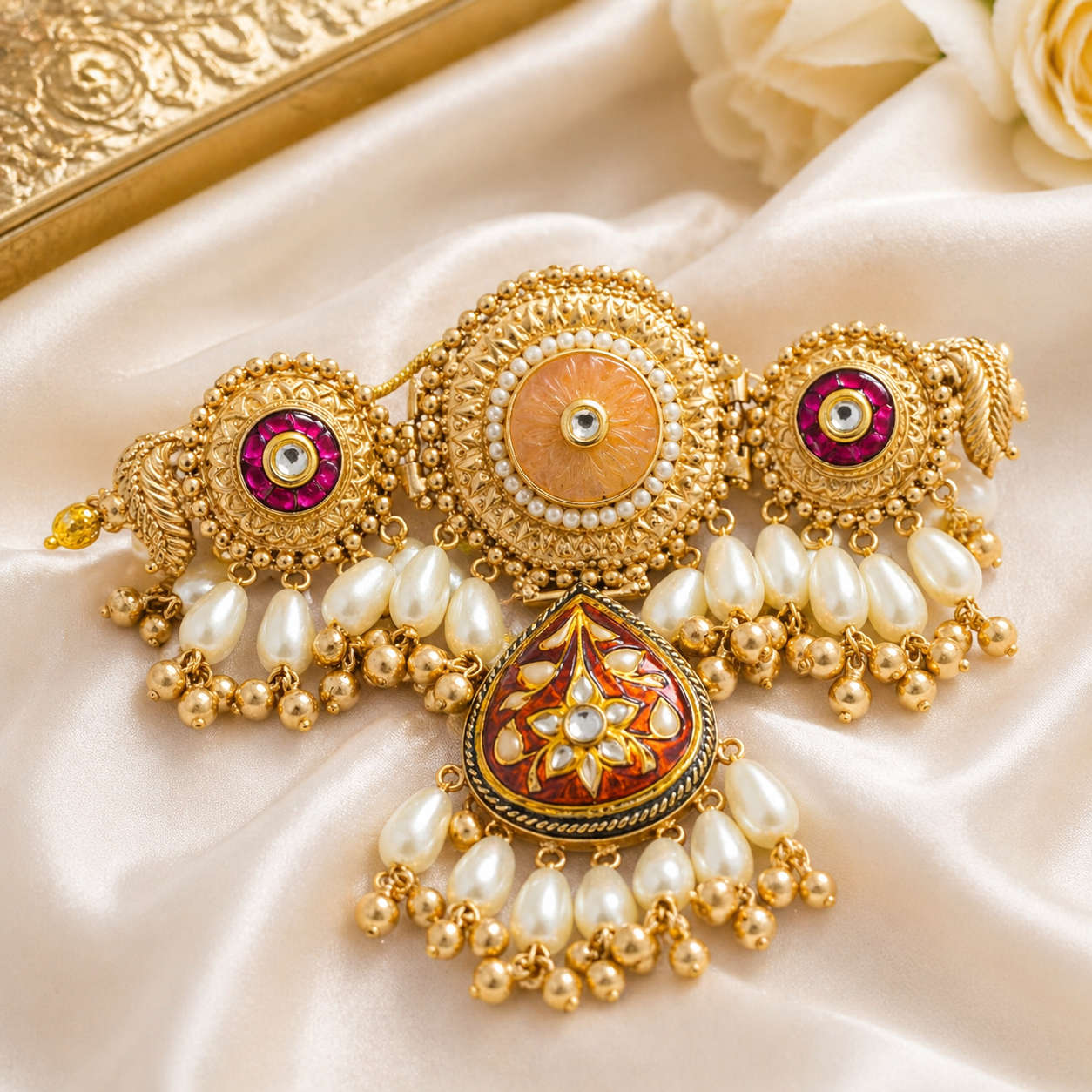Gold Red Pearl Traditional Choker Necklace