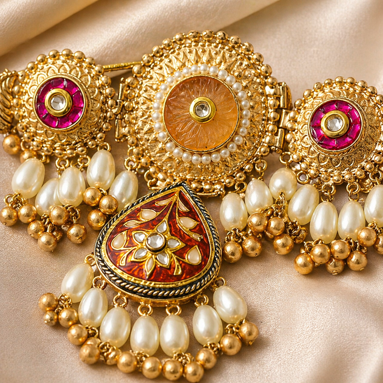 Gold Red Pearl Traditional Choker Necklace