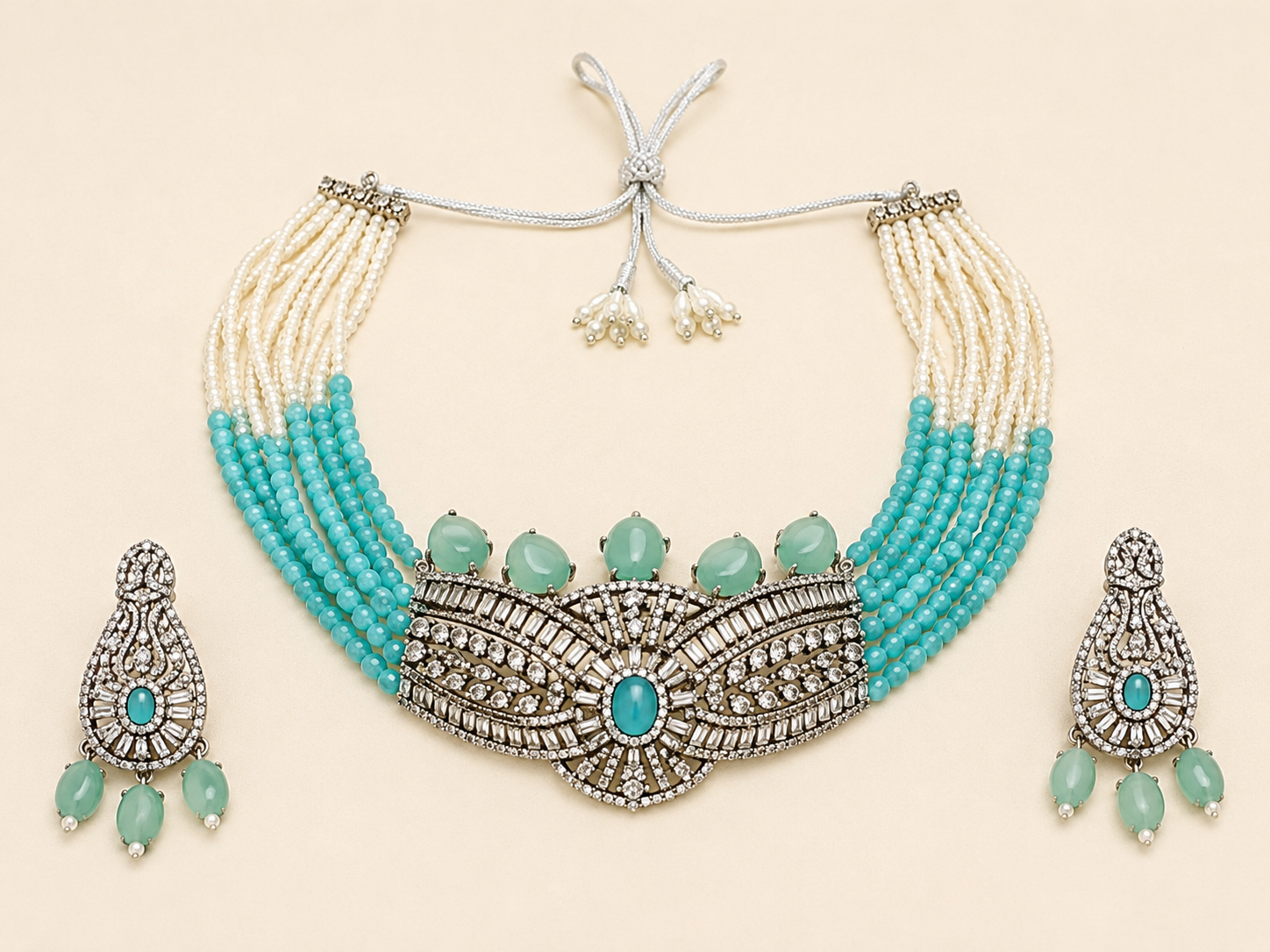 Turquoise Pearl AD Choker Necklace Set