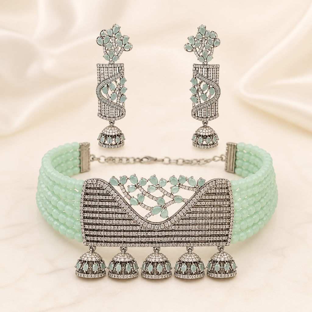 Mint Green AD Choker Necklace Set