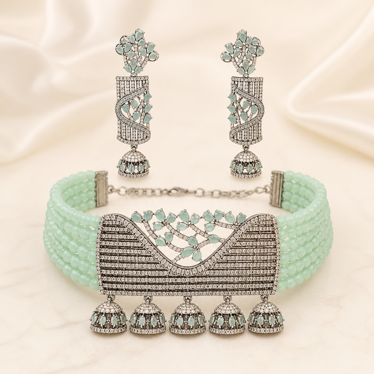 Mint Green AD Choker Necklace Set