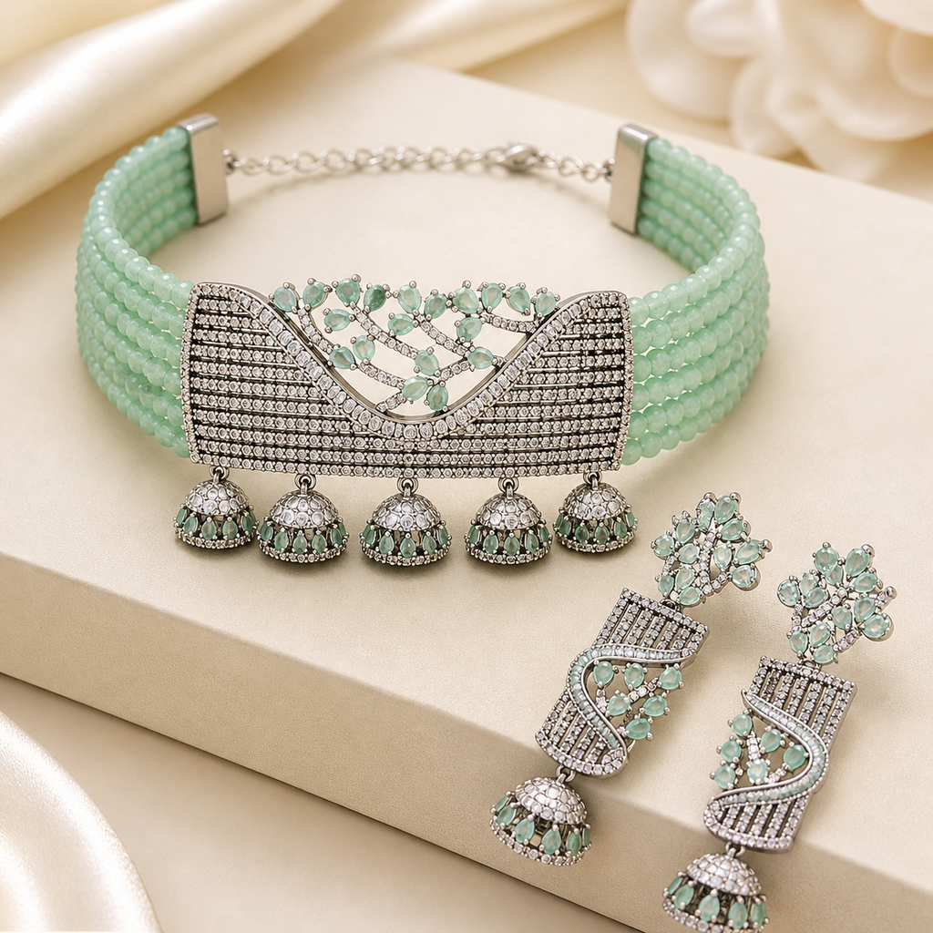 Mint Green AD Choker Necklace Set