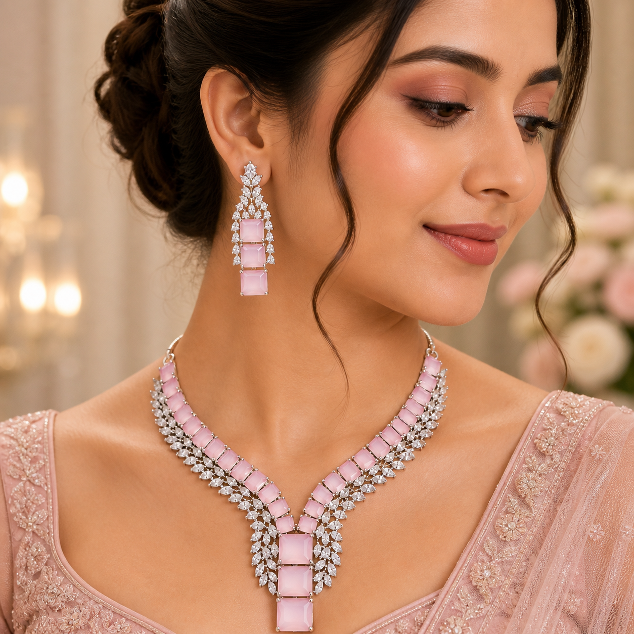 Pink AD Stone Necklace Set