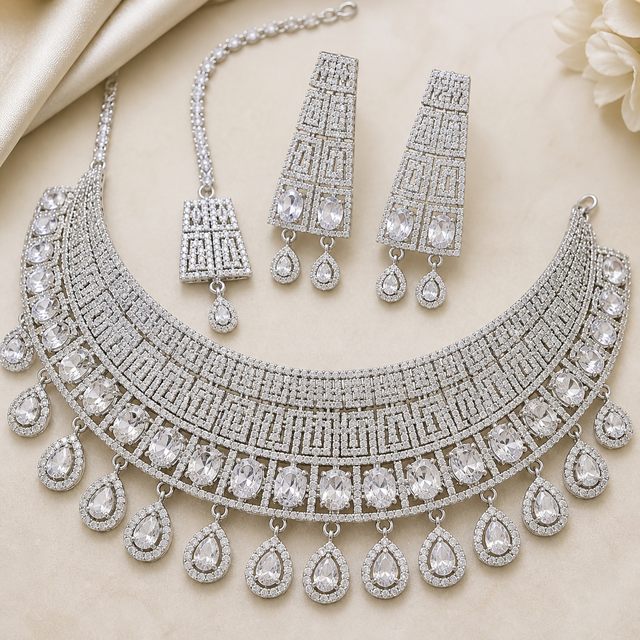 Silver AD Bridal Choker Jewellery Set