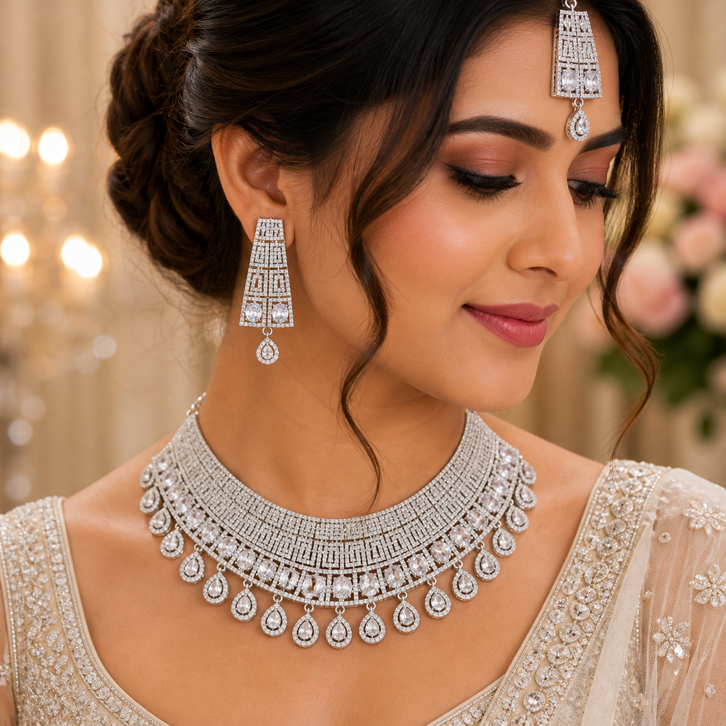 Silver AD Bridal Choker Jewellery Set