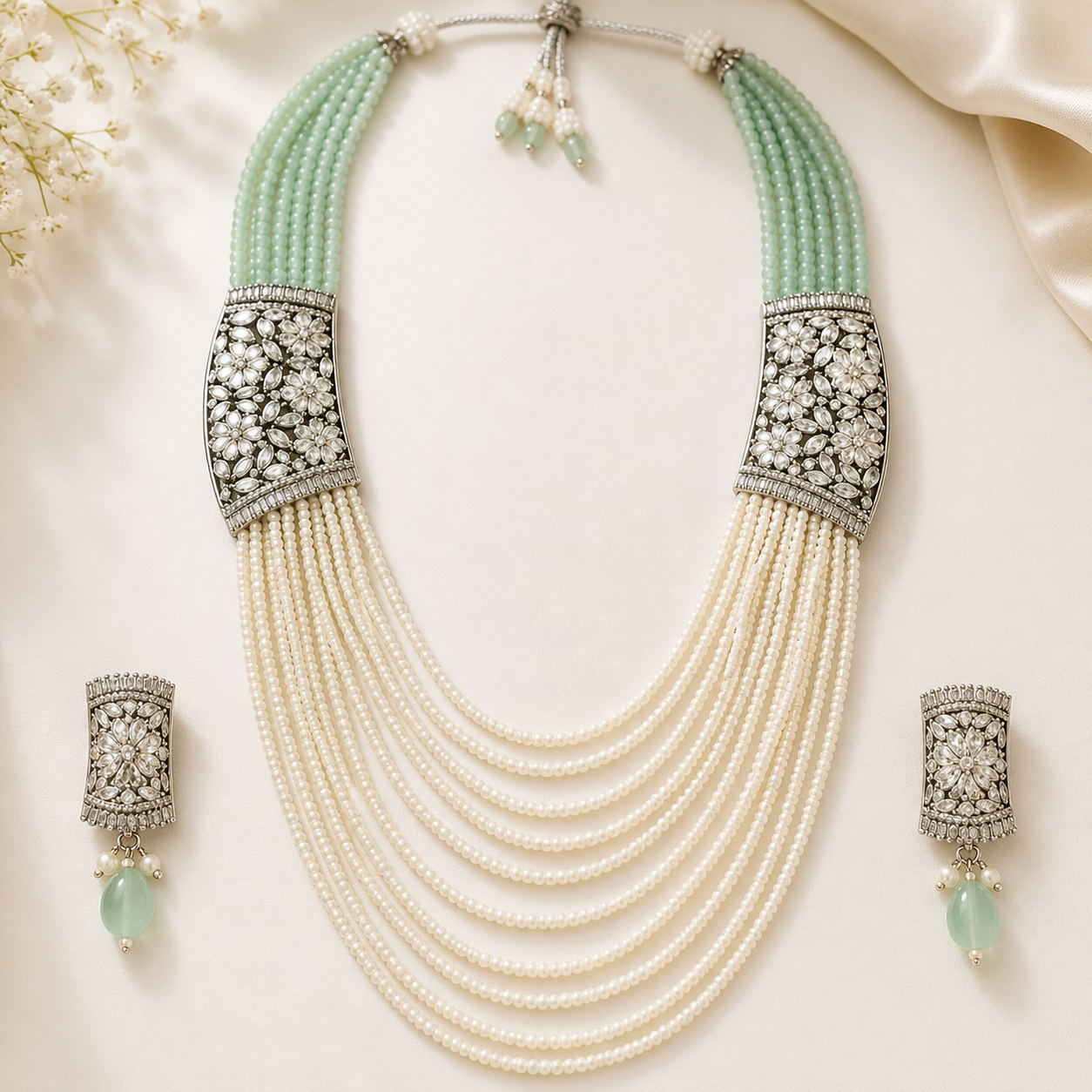 Mint Pearl Layered Necklace Set