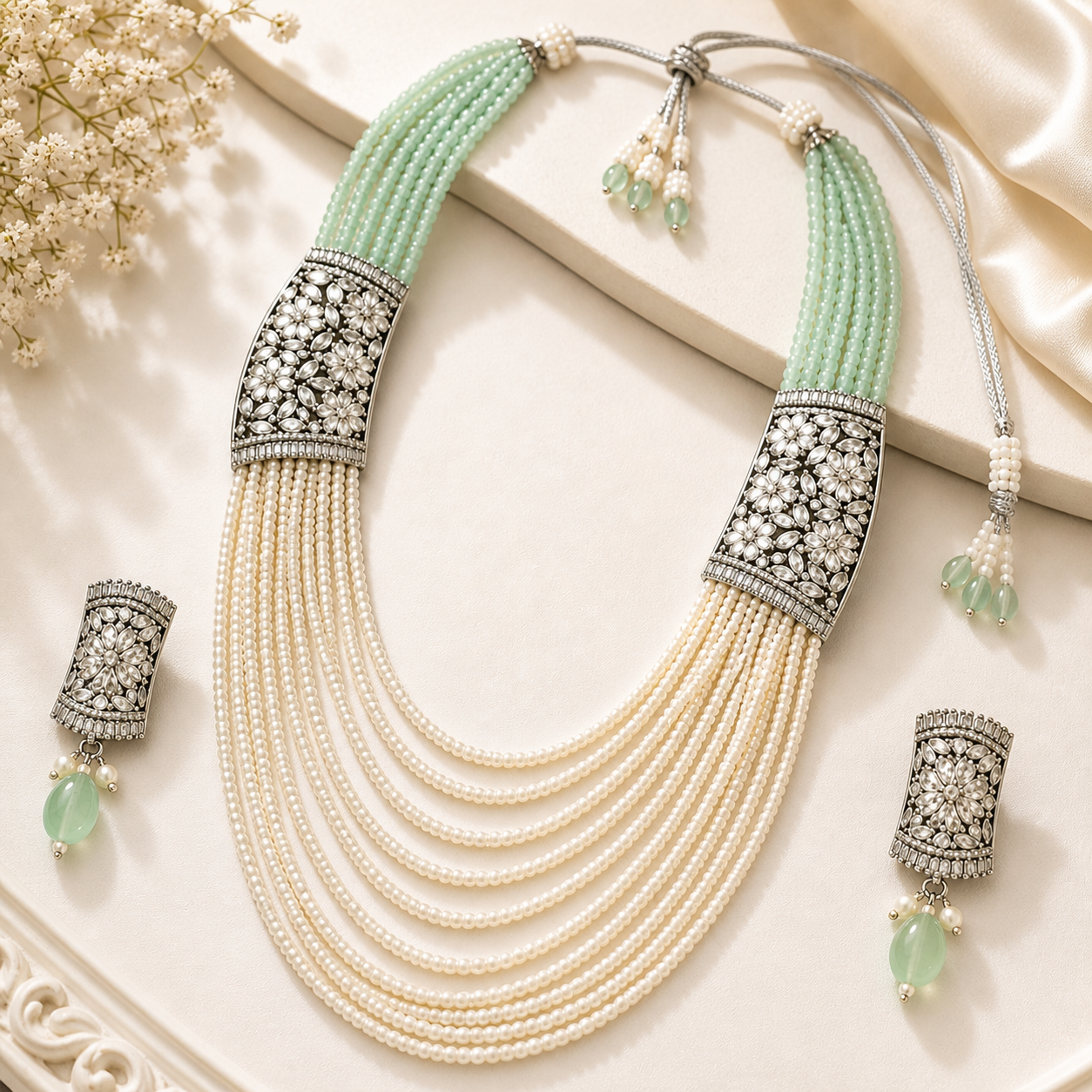 Mint Pearl Layered Necklace Set