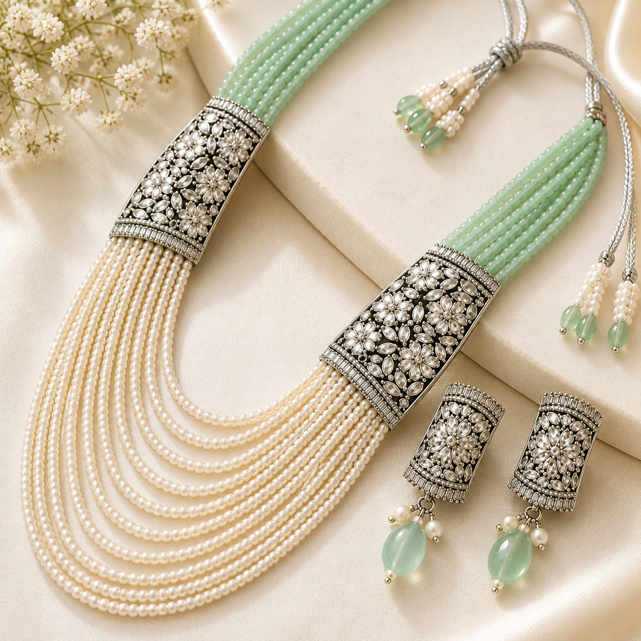 Mint Pearl Layered Necklace Set