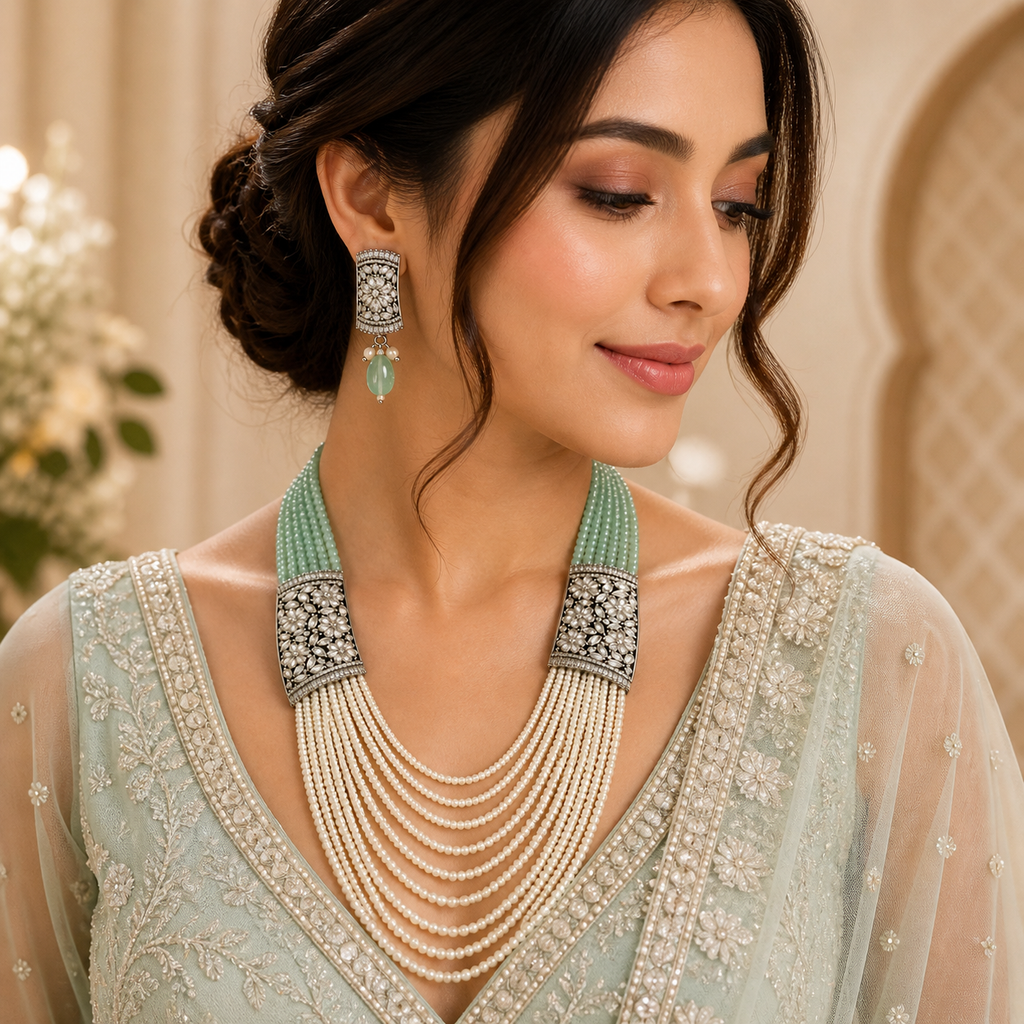 Mint Pearl Layered Necklace Set