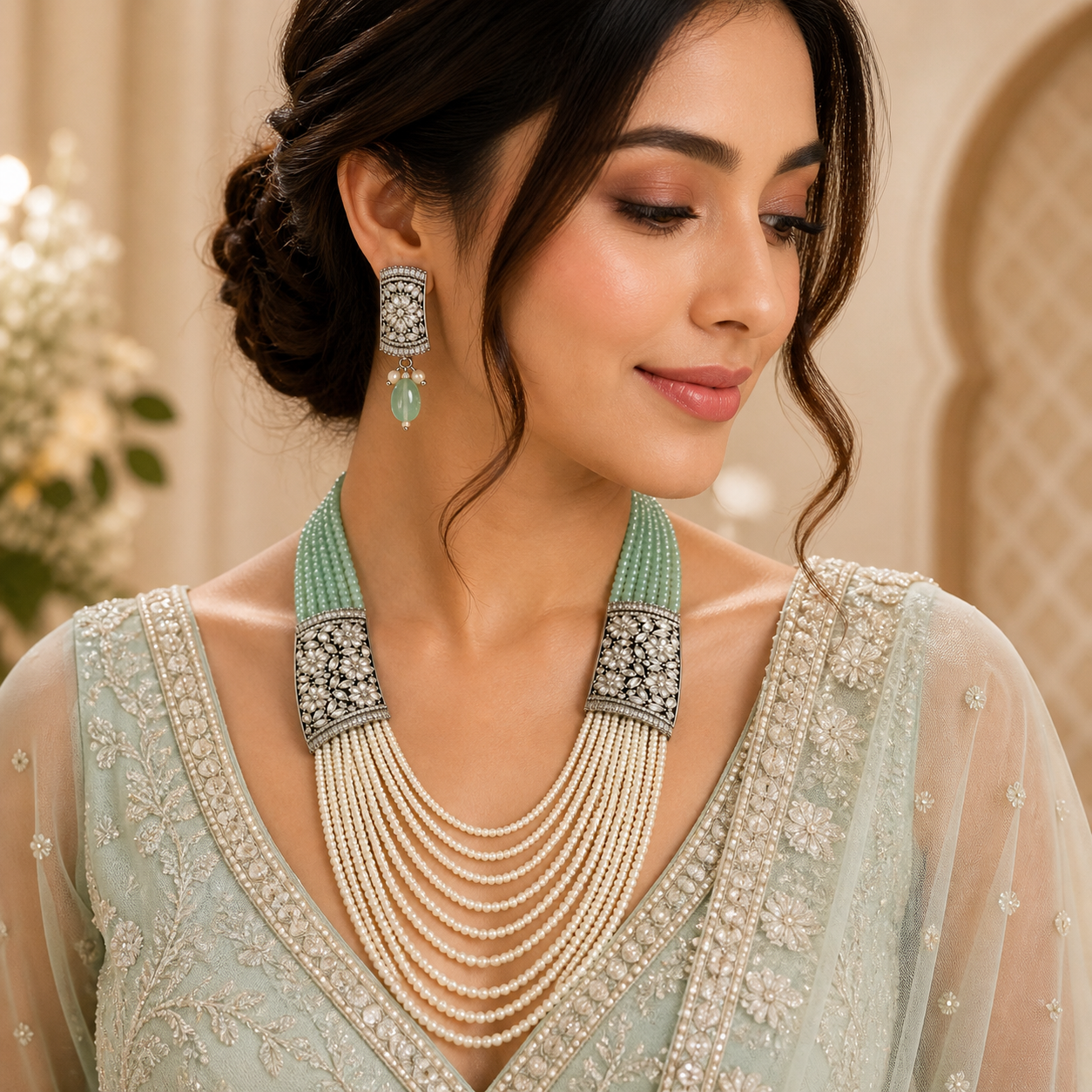 Mint Pearl Layered Necklace Set