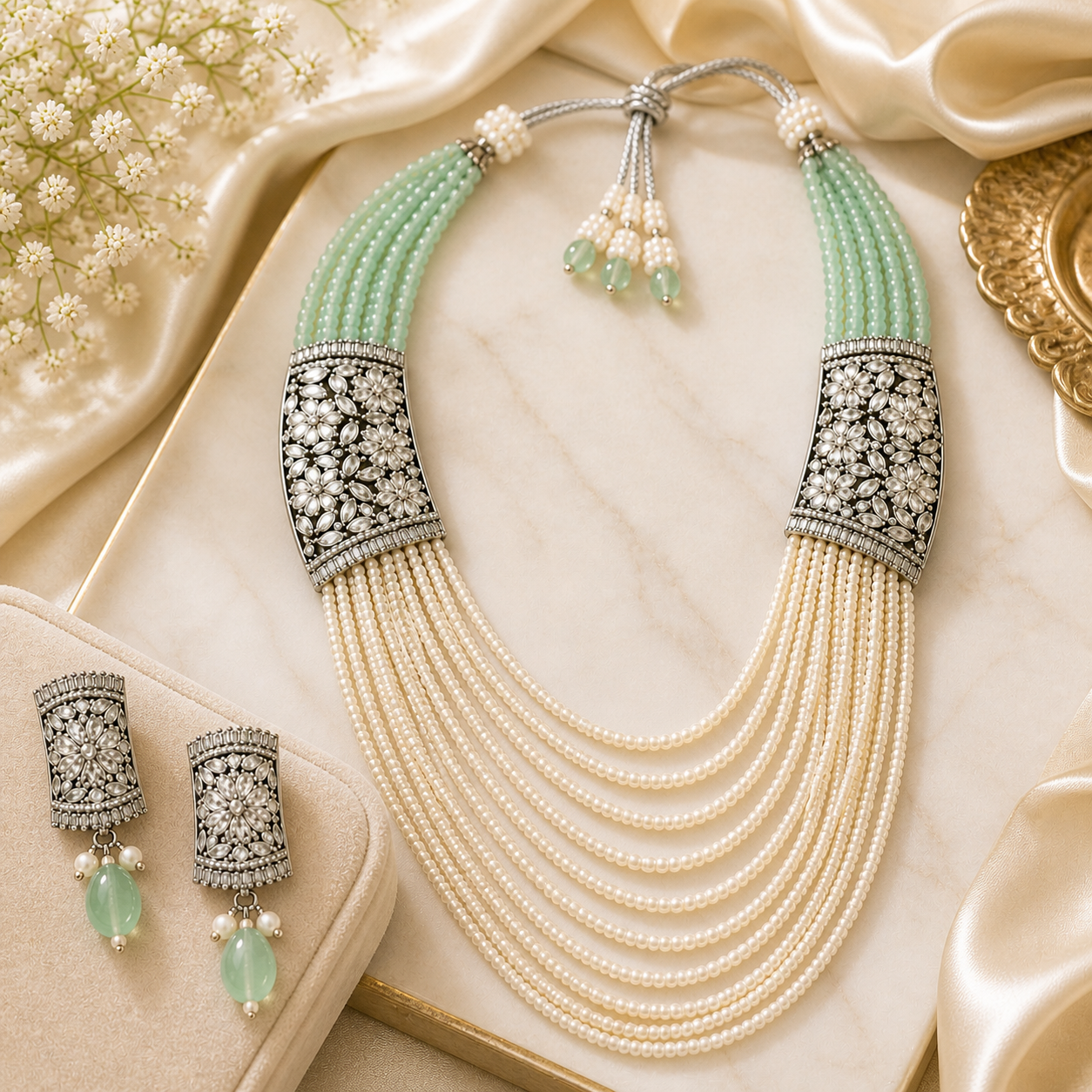 Mint Pearl Layered Necklace Set