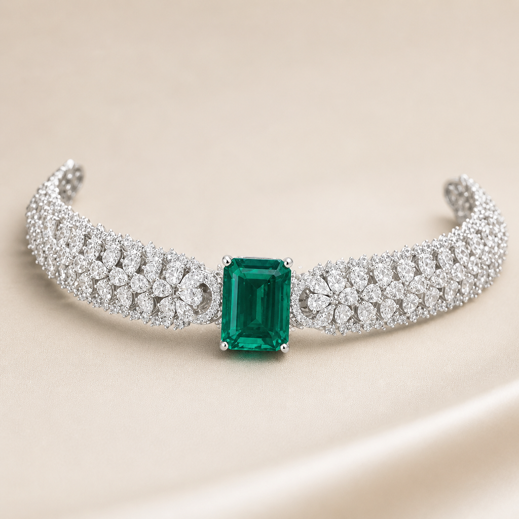 Emerald Green AD Choker Necklace Set