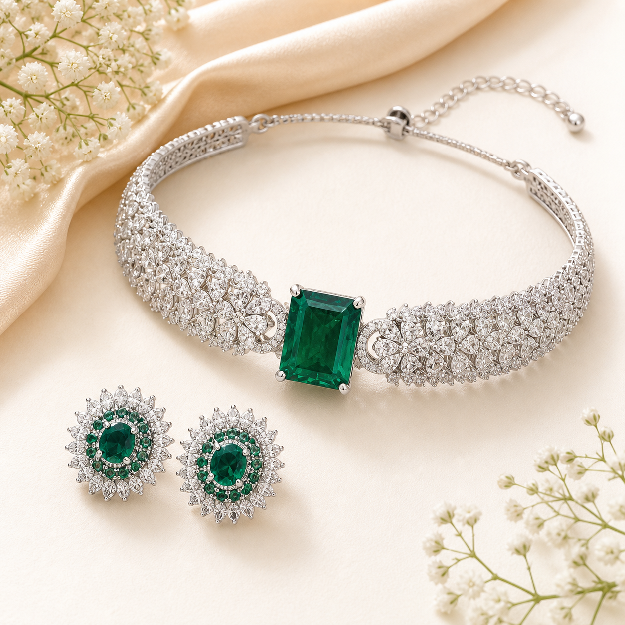 Emerald Green AD Choker Necklace Set