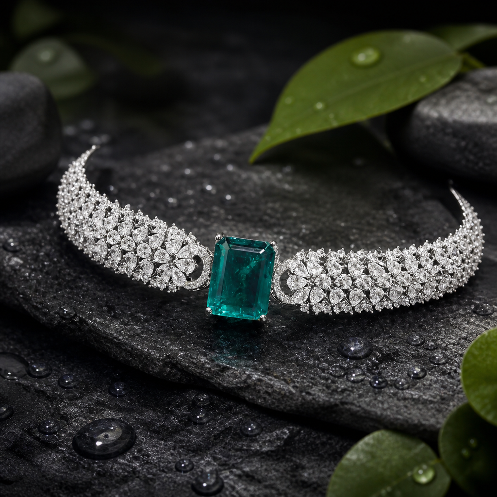 Emerald Green AD Choker Necklace Set
