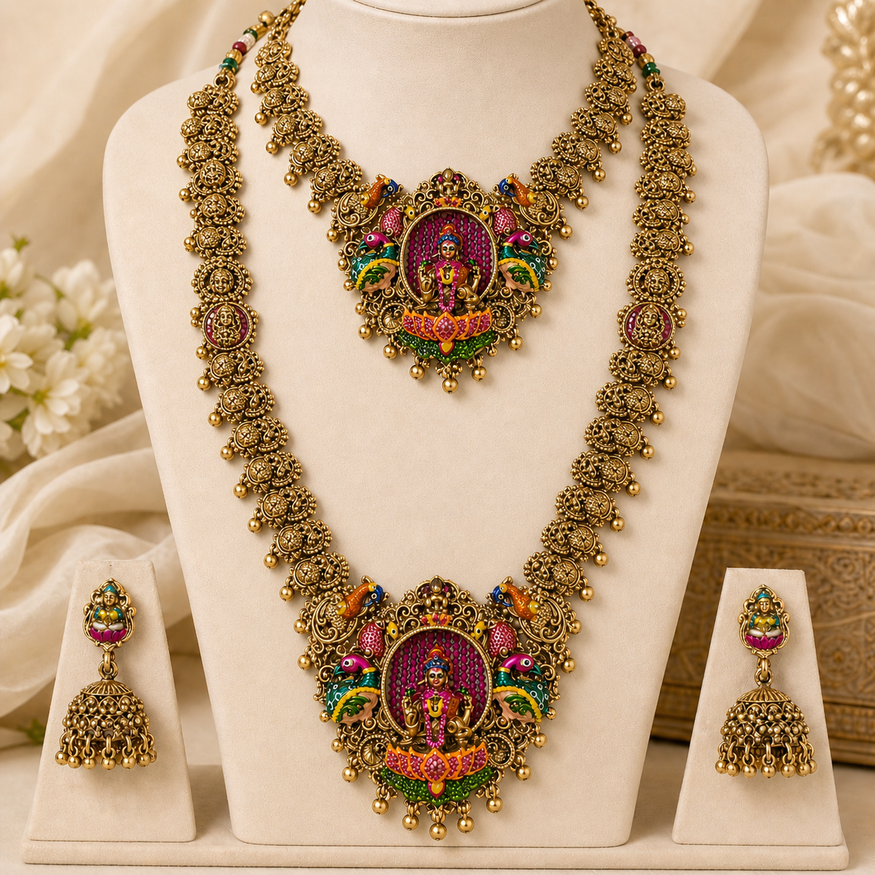 Antique Gold Temple Polki Necklace Set