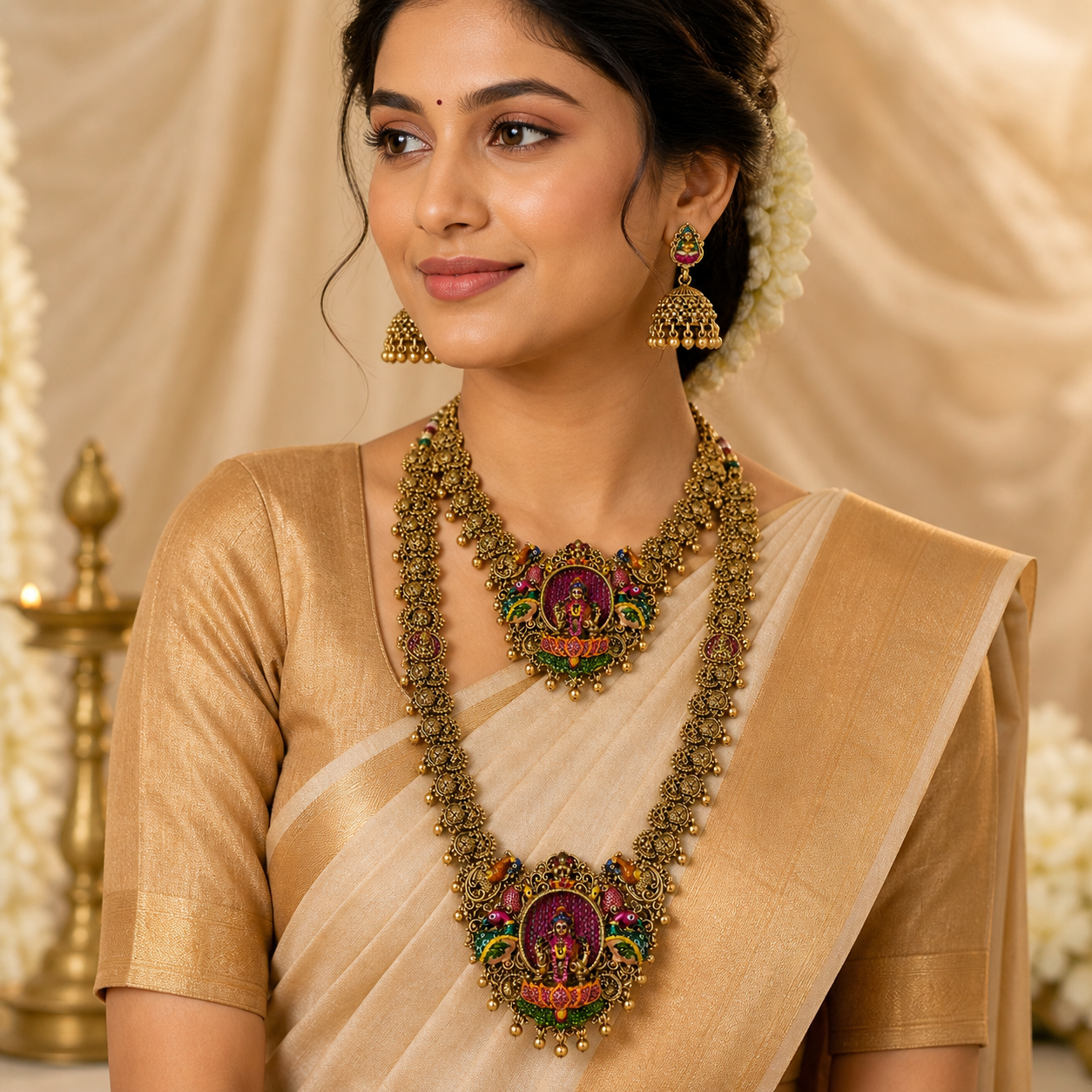 Antique Gold Temple Polki Necklace Set