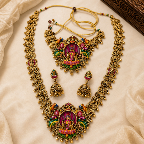 Antique Gold Temple Polki Necklace Set