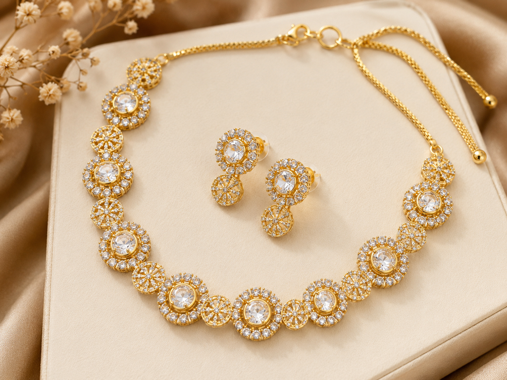 Gold AD Round Stone Necklace Set