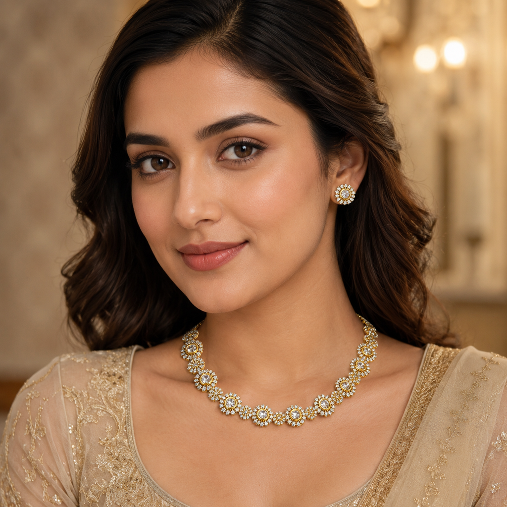 Gold AD Round Stone Necklace Set