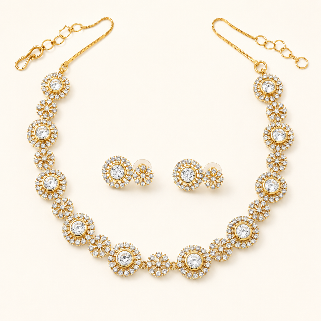 Gold AD Round Stone Necklace Set