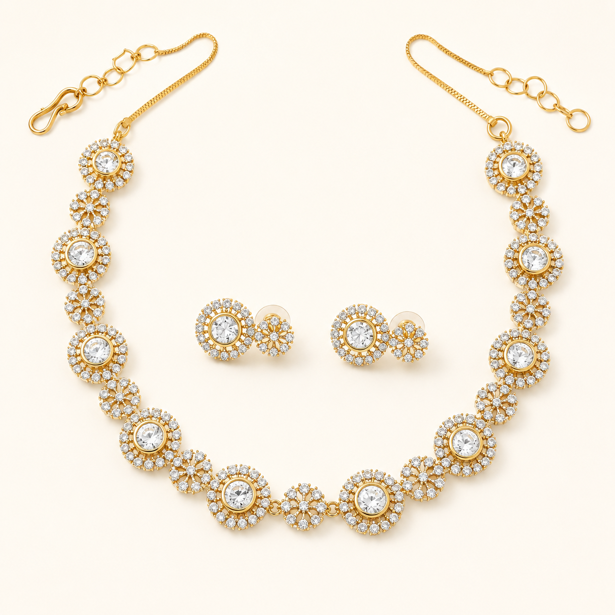Gold AD Round Stone Necklace Set