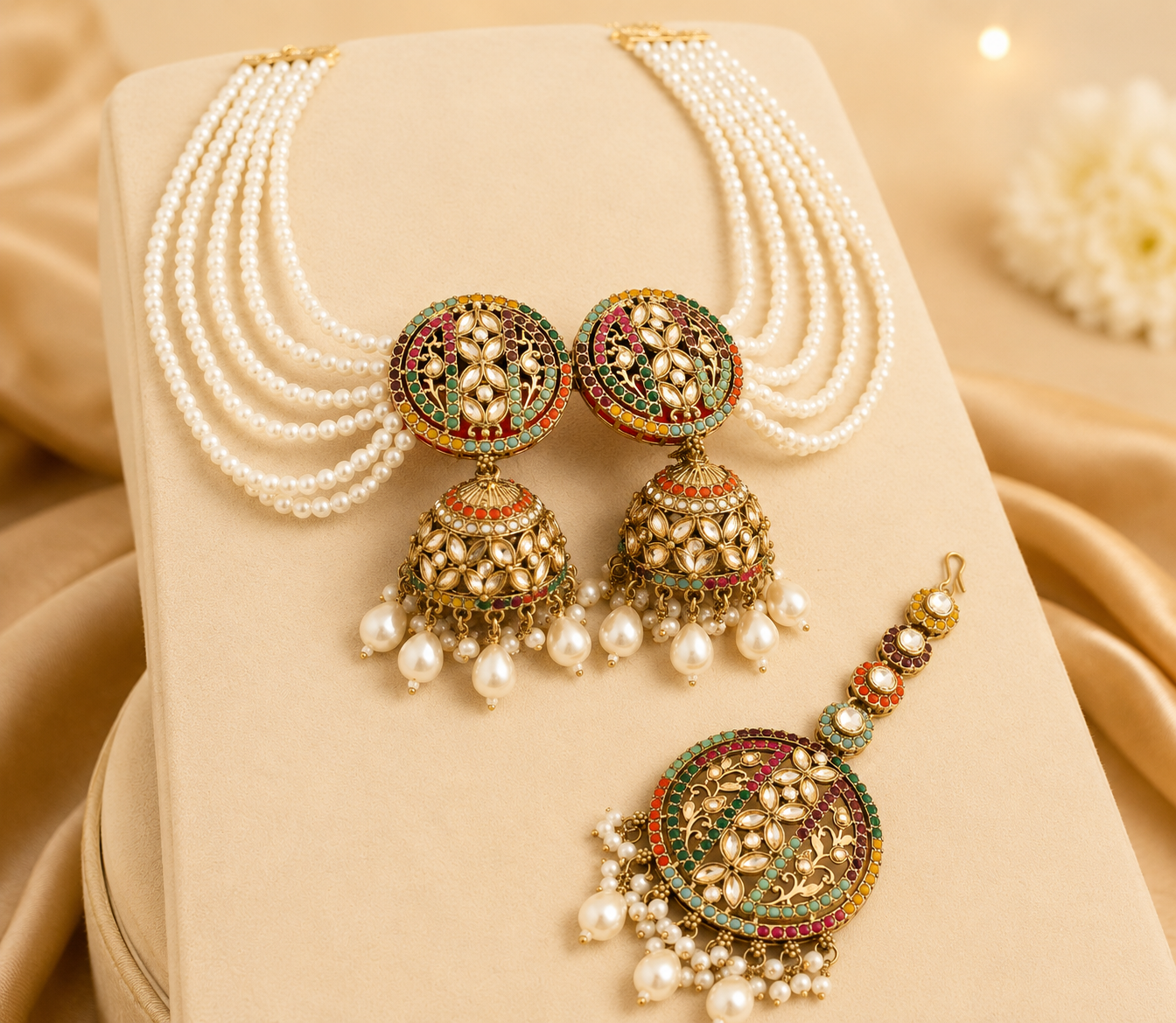 Multicolor Kundan Pearl Necklace Set