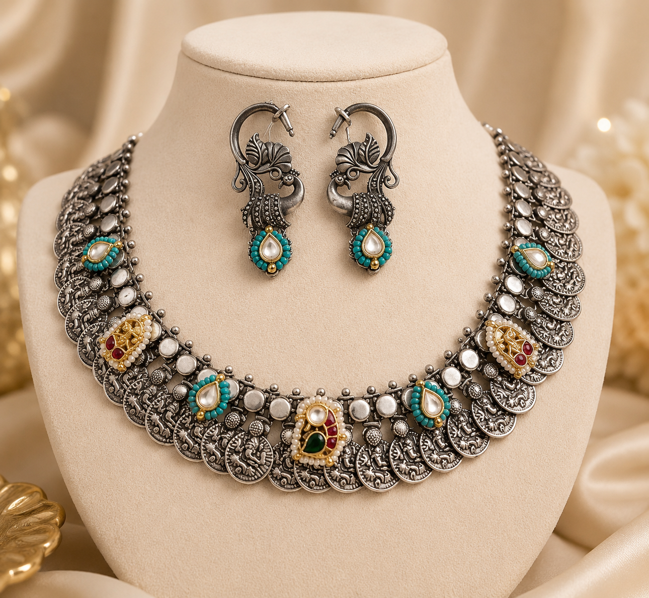 Oxidized Silver Turquoise Pearl Choker Set