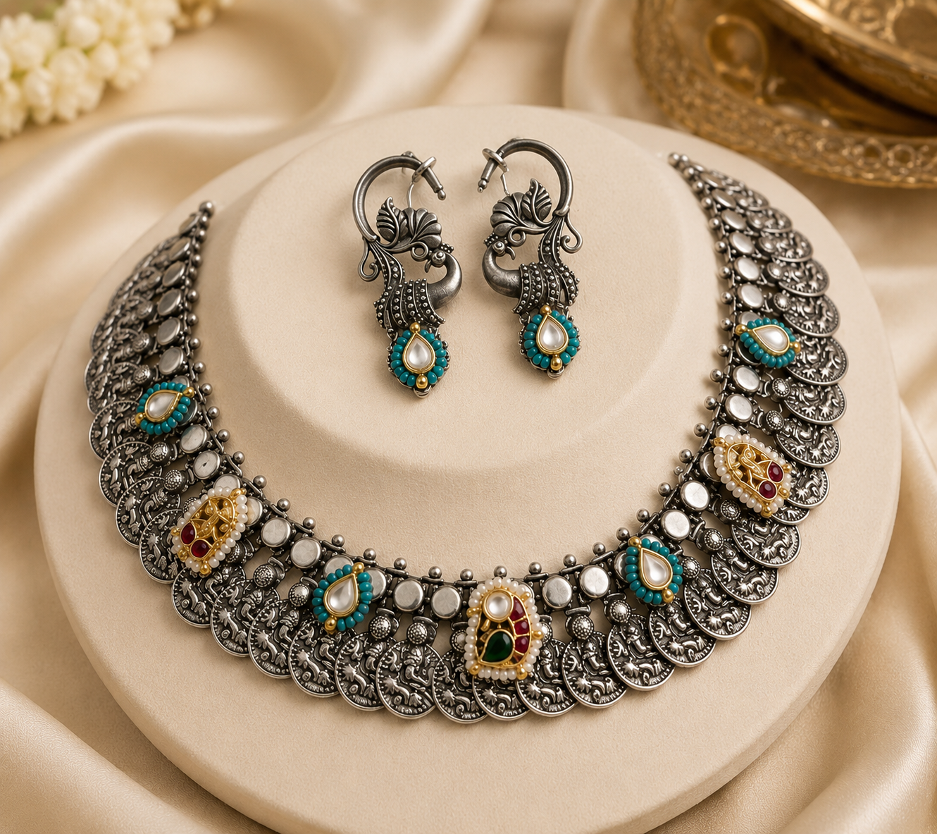 Oxidized Silver Turquoise Pearl Choker Set