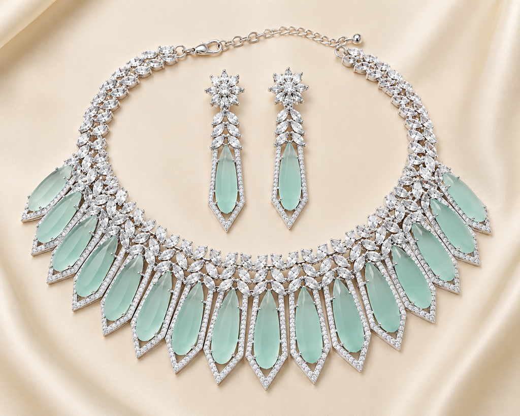 Mint Green AD Drop Necklace Set