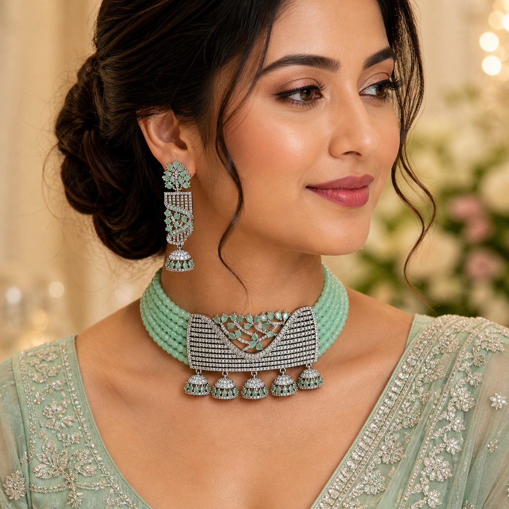 Mint Green AD Choker Necklace Set