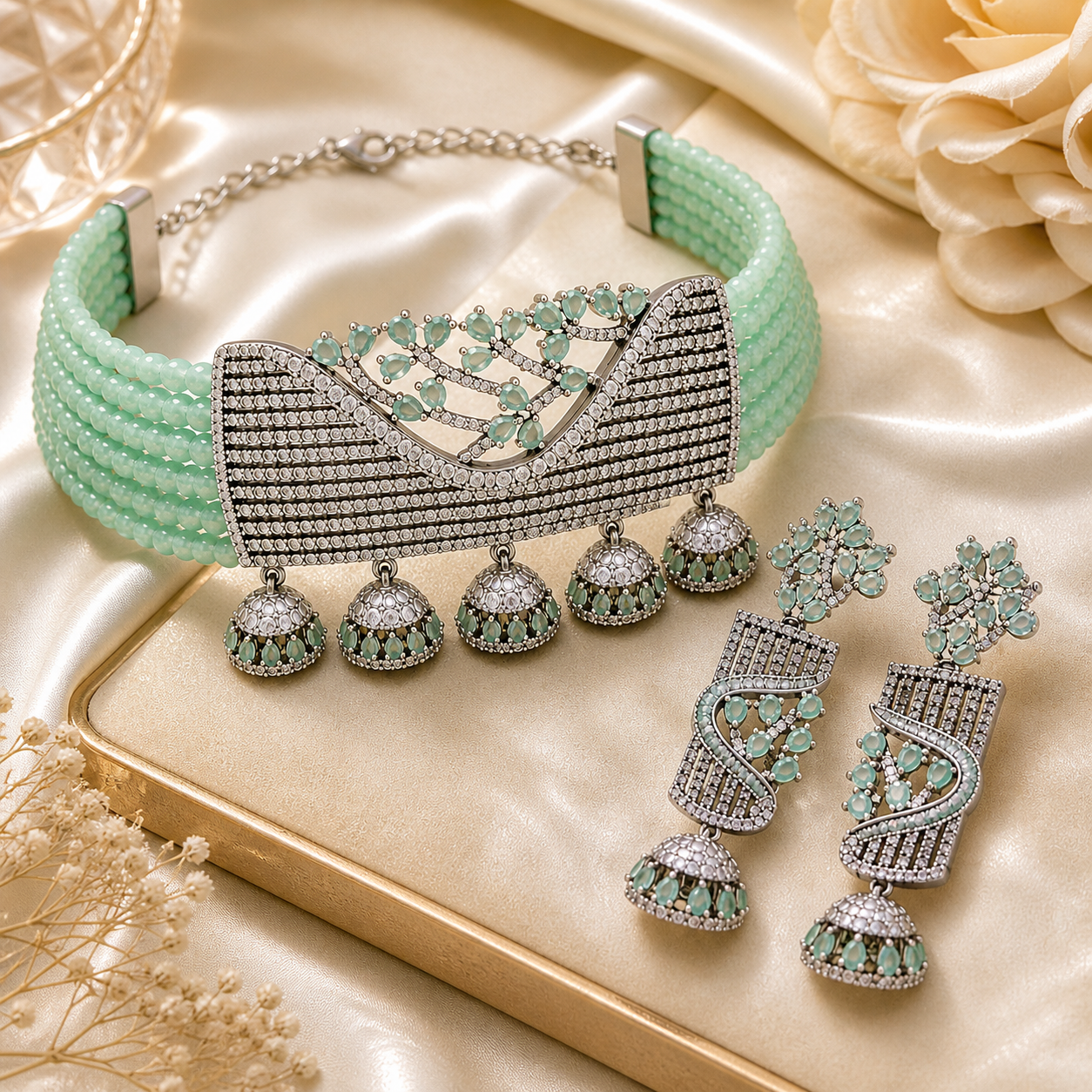 Mint Green AD Choker Necklace Set