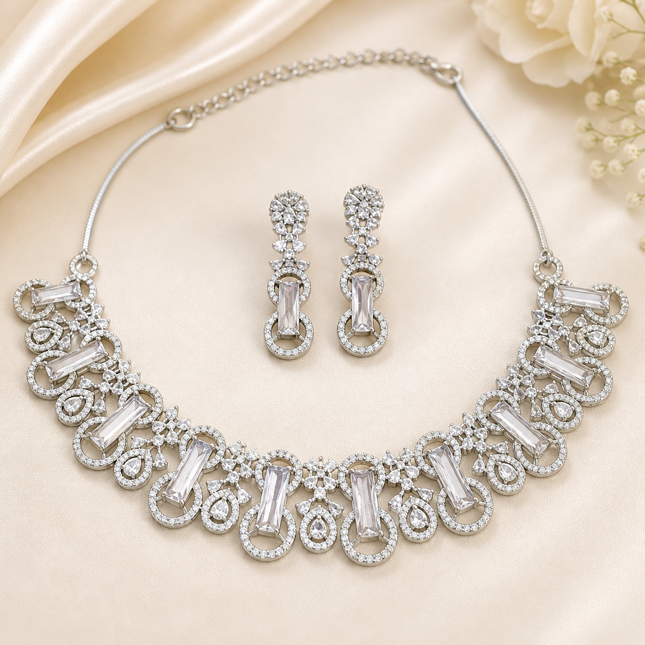 Silver AD Stone Necklace Set