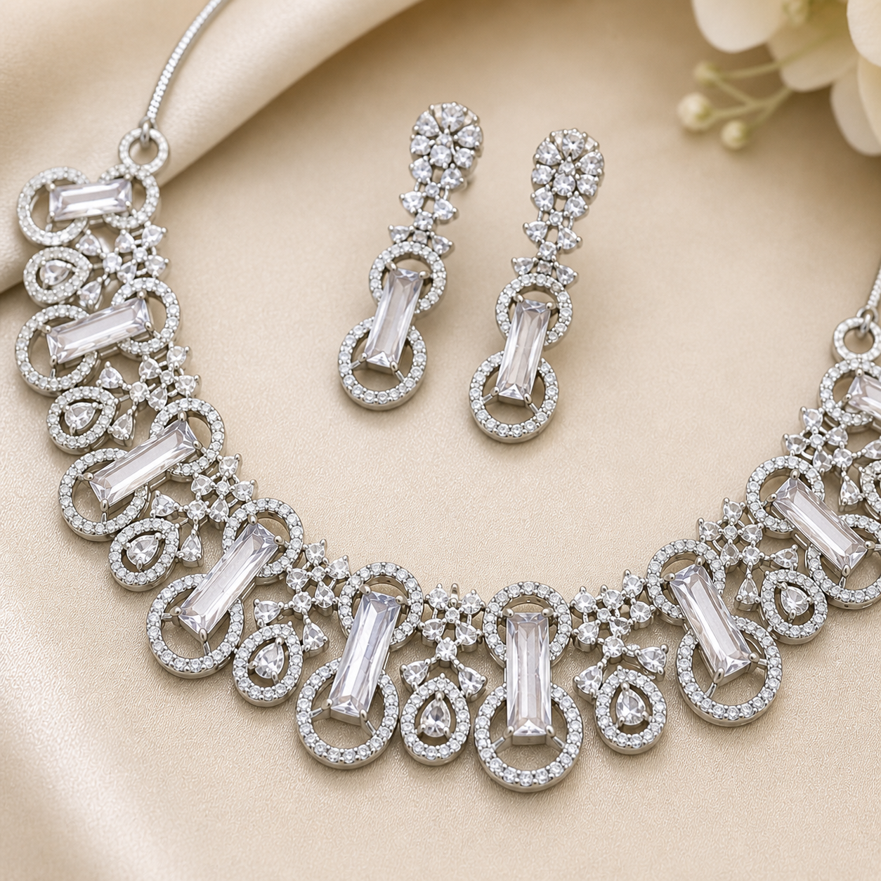 Silver AD Stone Necklace Set