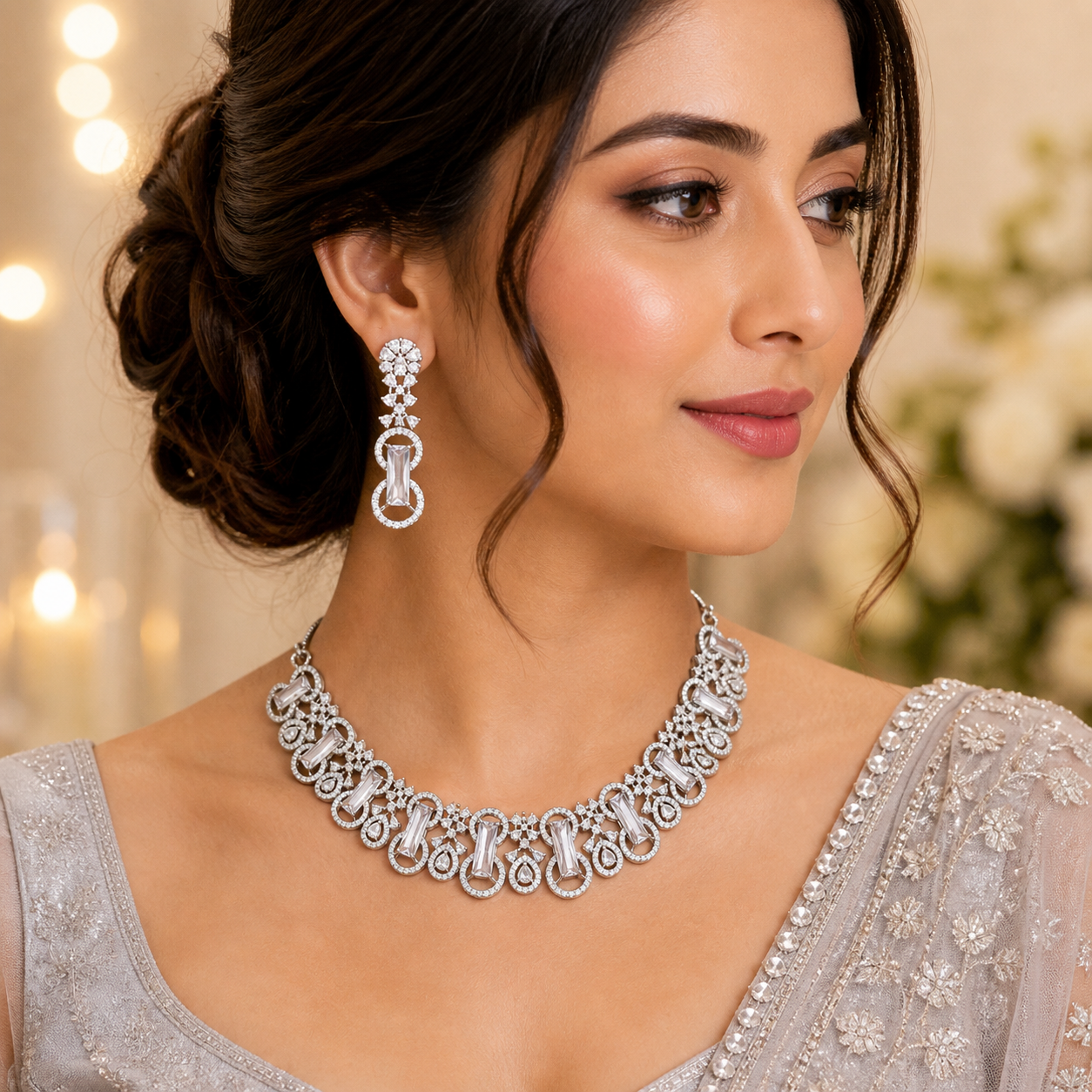 Silver AD Stone Necklace Set