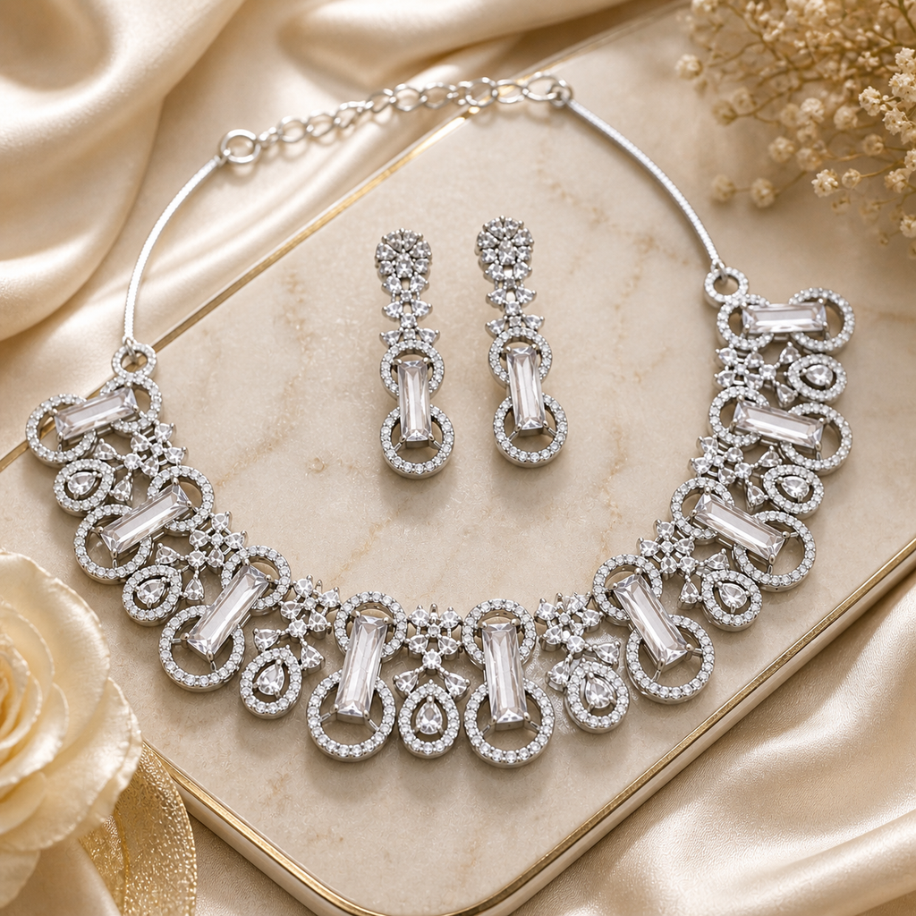 Silver AD Stone Necklace Set