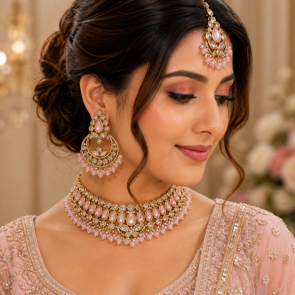 Pink Kundan Choker Necklace Set