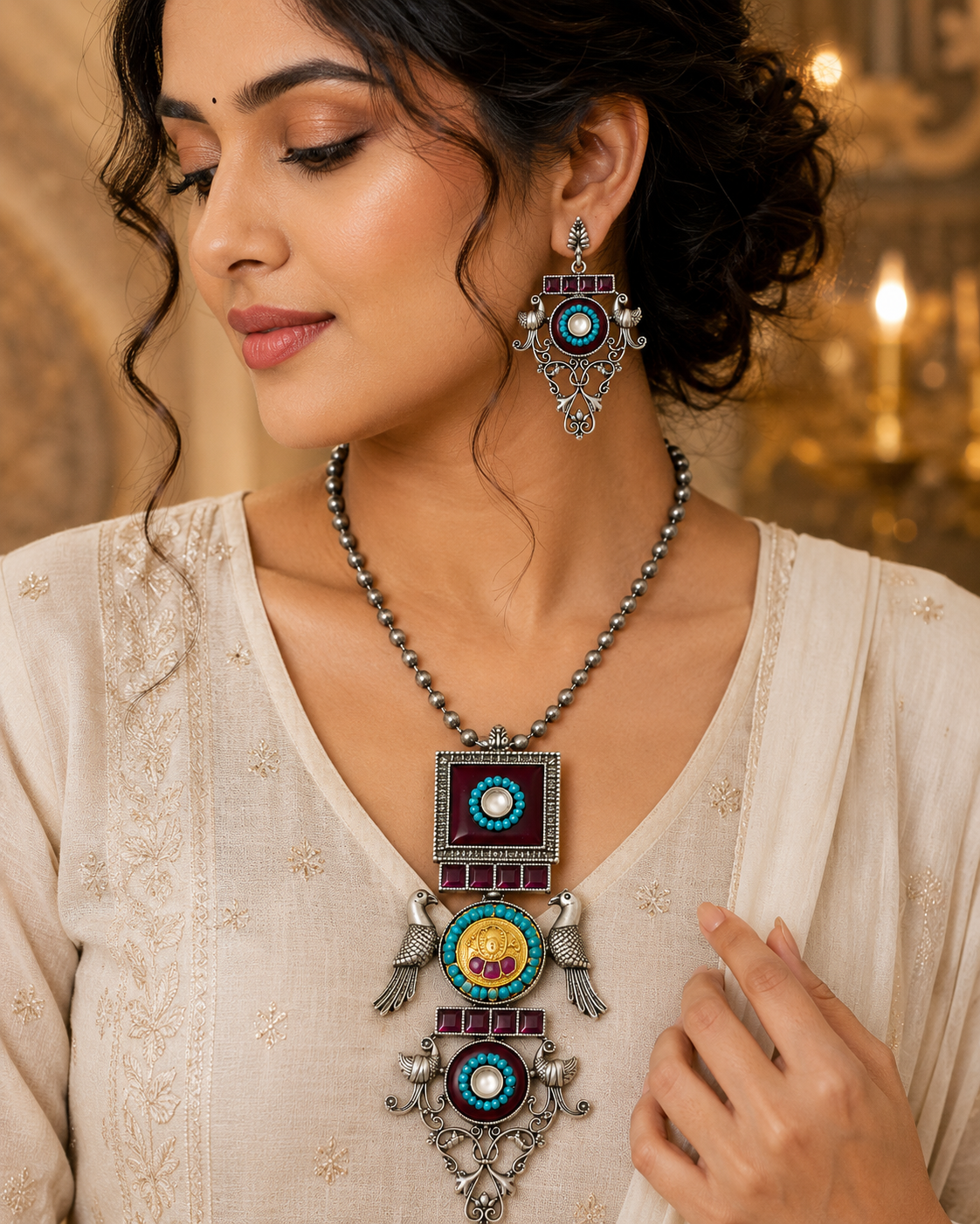 Oxidized Silver Turquoise Maroon Necklace Set