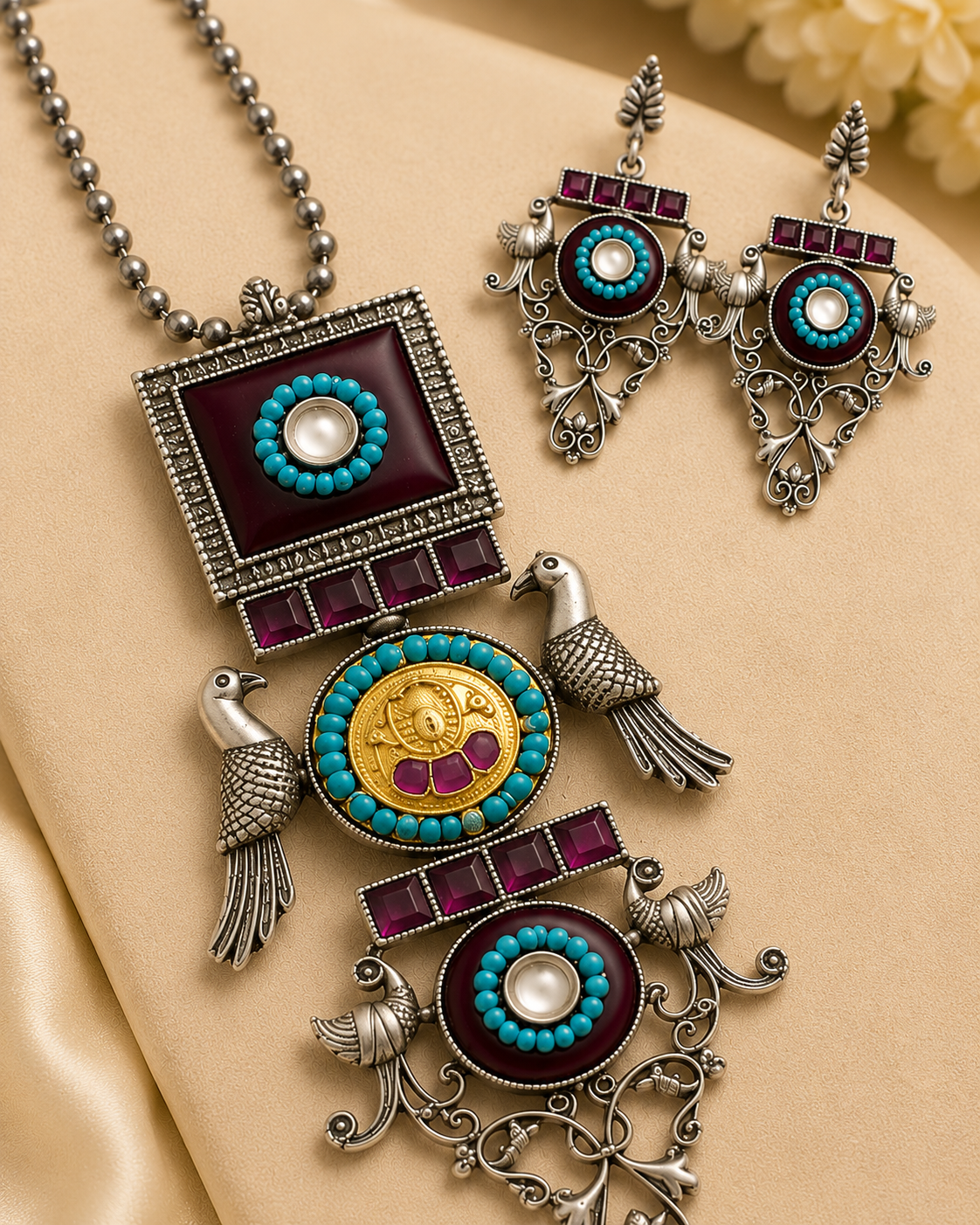 Oxidized Silver Turquoise Maroon Necklace Set