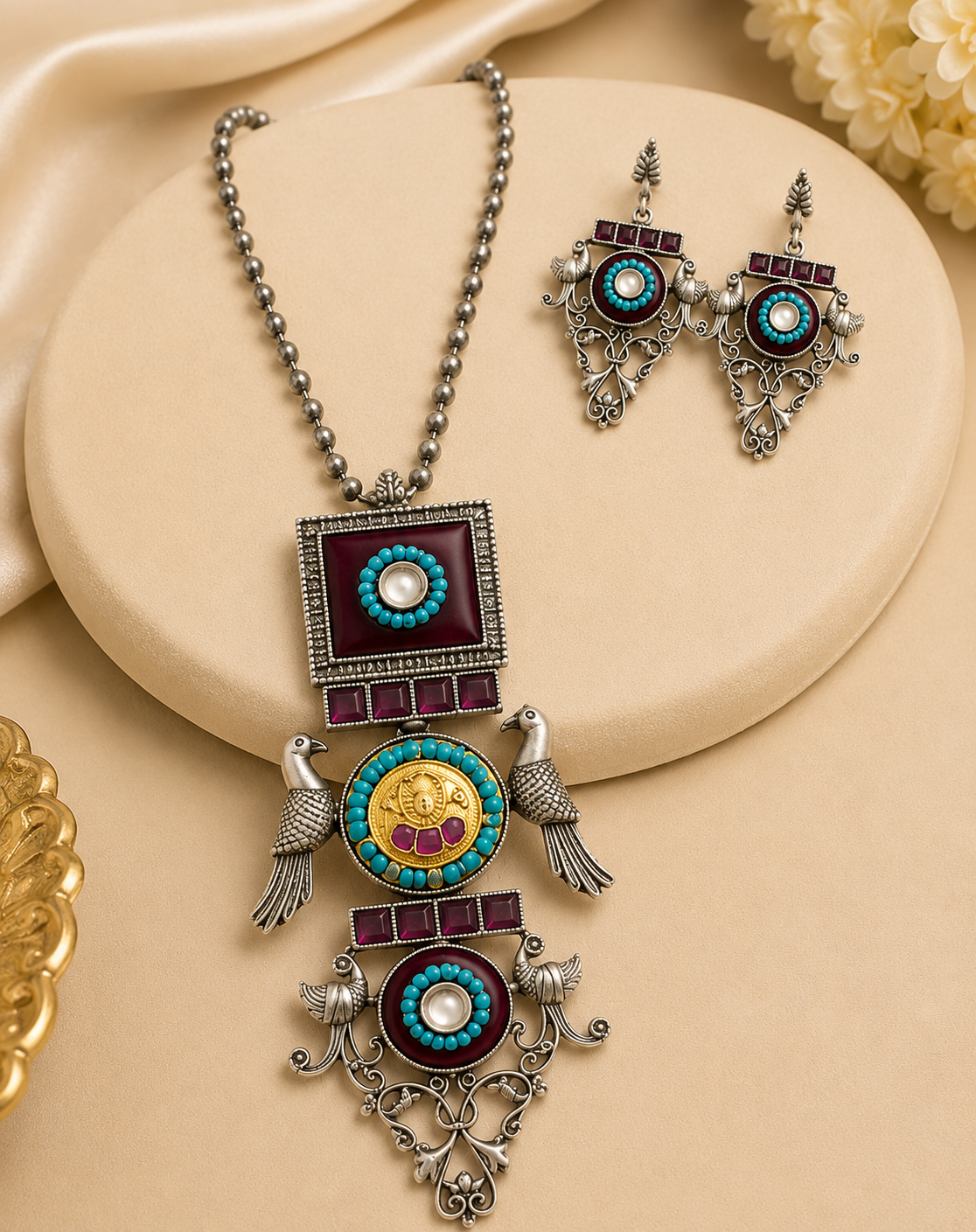 Oxidized Silver Turquoise Maroon Necklace Set