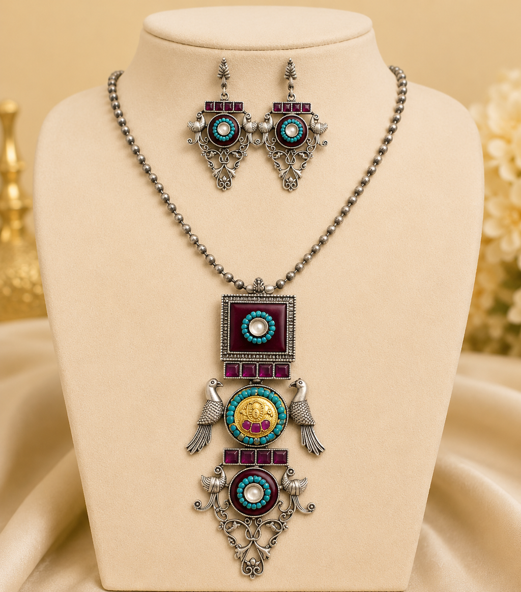 Oxidized Silver Turquoise Maroon Necklace Set